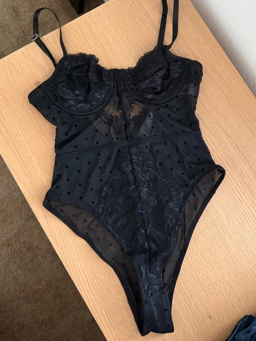 NWT Forever 21 Black Lace & Mesh Polka Dot Bodysuit